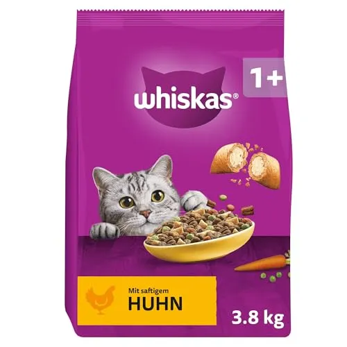 WHISKAS Katzen Trockenfutter Adult 1+ mit Huhn 3,8kg - Katzenfutter, speziell entwickelt zur Unterstützung der Harnwegsgesundheit, mit Vitamin A für klares Sehen und Zink für gesundes Fell. Hergestellt mit erneuerbarer Energie.