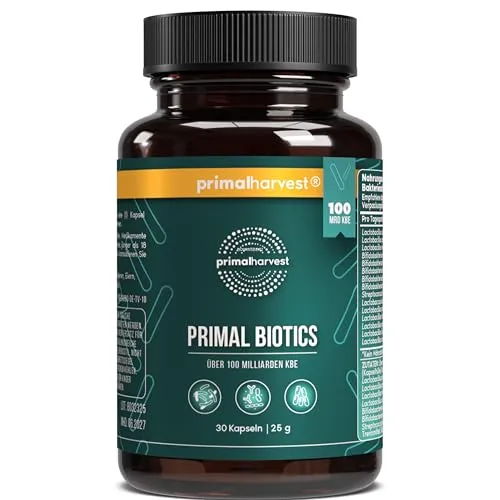 Primal Harvest ® Biotics - 30 Kapseln mit 15 Bakterienstämmen - Probiotika mit 100 Mrd KBE und Inulin für optimale Darmflora-Unterstützung. Magensaftresistente Kapseln sorgen für effektive Wirkung im Darm.
