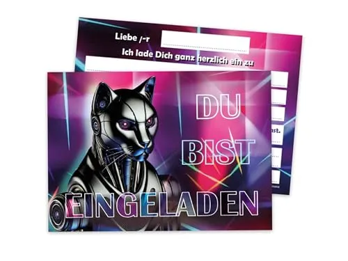 Limonia 12 Einladungskarten zum Kindergeburtstag - Geburtstagseinladung Einladung zum Geburtstag Kinderparty Techno-Party für Jungs Kinder Science High-Tech Katze Roboter Cyberkatze