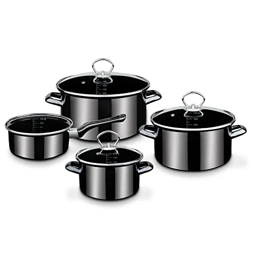 GSW Kochtopf-Set Profi-Black-Star – 4-teiliges Set für alle Herdarten - Kochtöpfe, 4-teiliges Set aus robustem Stahl-Emaille, hitzebeständige Griffe und integrierte Literskala für einfache Handhabung und vielseitige Nutzung.