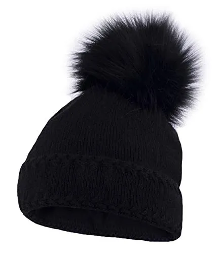 Neverless® gefütterte Damen Strickmütze mit Fell-Bommel und Fleece Futter, Winter-Mütze, Bommelmütze Schwarz