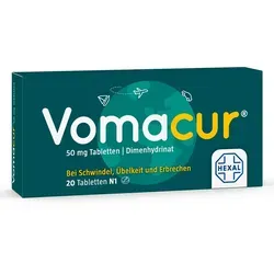Vomacur 50 mg Tabletten - 20 Stück - Rezeptfreie Tabletten zur Linderung von Übelkeit und Erbrechen, ideal für schnelle Hilfe bei Reisekrankheit oder nach der Chemotherapie.
