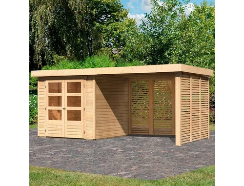 Karibu Gartenhaus Arnis 2 – 505x238 cm, Doppelflügeltür - Gartenhäuser: Robustes Holzhaus aus naturbelassener Fichte mit 10 Jahren Herstellergarantie, ideal für Gartenliebhaber und als zusätzlicher Stauraum.