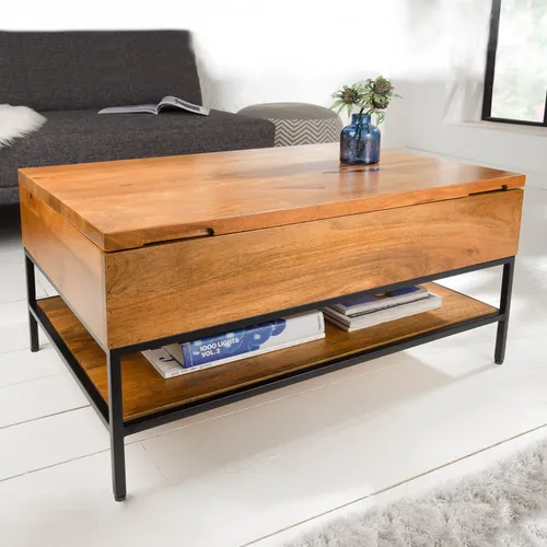Riess-Ambiente Couchtisch FACTORY LIFTUP 80cm natur - Couchtisch aus massivem Mango-Holz mit Metallgestell, bietet praktischen Stauraum und verleiht Deinem Wohnzimmer einen individuellen Industrial-Look.