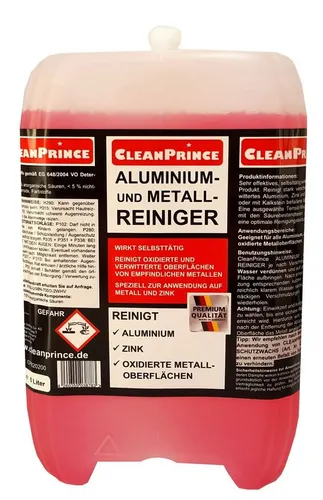CleanPrince Aluminium- und Metall Reiniger - Reinigungsmittel für Zink, Alu und Kupfer, entfernt hartnäckige Verschmutzungen und schützt Metalloberflächen mit kindersicherem Verschluss.