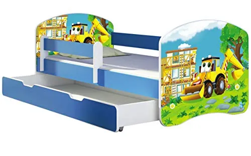 ACMA Kinderbett mit Schublade und Matratze Blau, 160x80 cm - Hochwertiges Kinderbett mit bunten, laminierten Aufdrucken und verstellbarem Rausfallschutz. Ideal für sicheren Schlaf und bis 120 kg belastbar. Inklusive Matratze und Lattenrost für höchsten Komfort.