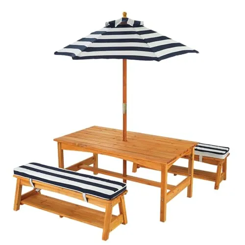 KidKraft Gartentisch mit Bank, Kissen und Sonnenschirm für Kinder, Outdoor Gartenmöbel aus Holz für Kinder, Marineblau-Weiß gestreift, 106
