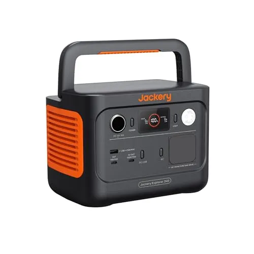 Jackery Explorer 240 v2 Powerstation LiFePO 4 - Tragbare Powerstation für unterwegs, klein und leicht mit 300W Leistung, ideal für Outdoor-Aktivitäten und Notfälle. Faltbarer Griff für einfachen Transport.