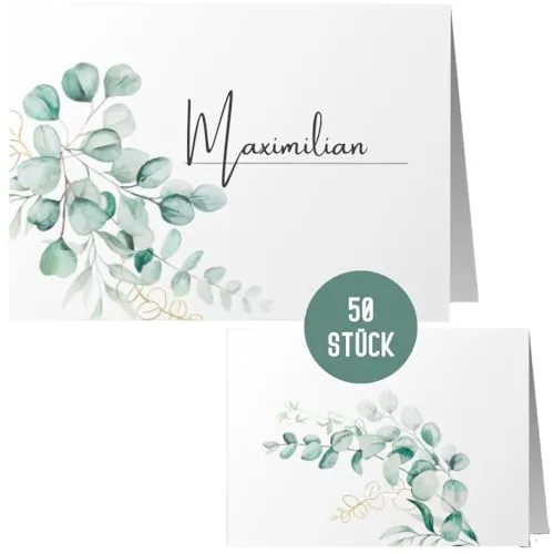 Stück Tischkarten Hochzeit | Namenskarten by Things of Happiness | Elegantes Design Sitzplatzkarten | Platzkarten, Namensschilder zum Beschriften 50er Set im Boho Design (Grün Eucalyptus) 50