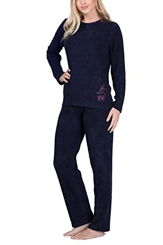 Moonline Frottee-Schlafanzug für Damen, Navy, Größe 40-42 - Schlafanzug für Damen aus weichem Frottee-Materialmix, ideal für gemütliche Abende und erholsame Nächte. Modernes Design mit optimaler Passform und 30 Tage Rückgaberecht.
