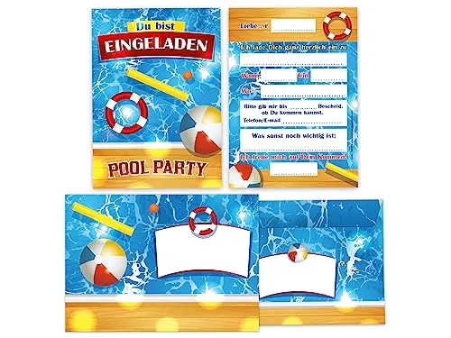 Limonia 12 Einladungskarten incl. 12 Umschläge zum Kindergeburtstag Pool-Party Karten Einladung Geburtstag Bad Mädchen Jungen Schwimmbad Holz Ball