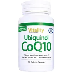 Q10 Kapseln Hochdosiert Ubiquinol 100mg - Vitality Nutritionals - Antioxidant Coenzym Q10 mit bis zu 800% besserer Bioverfügbarkeit. Unterstützt Energieproduktion und Hautelastizität, ideal für Vitalität und Anti-Aging.