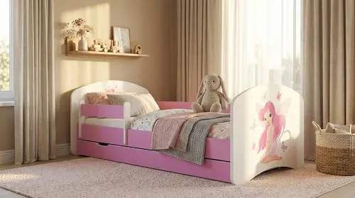 Happy Babies Kinderbett 80x160 - Mit Matratze und Rausfallschutz - Kleinkindbett mit bequemer Matratze und sicherem Rausfallschutz. Robuster Lattenrost, geräumige Schublade und kinderfreundliches Design für ein sicheres Schlafumfeld.