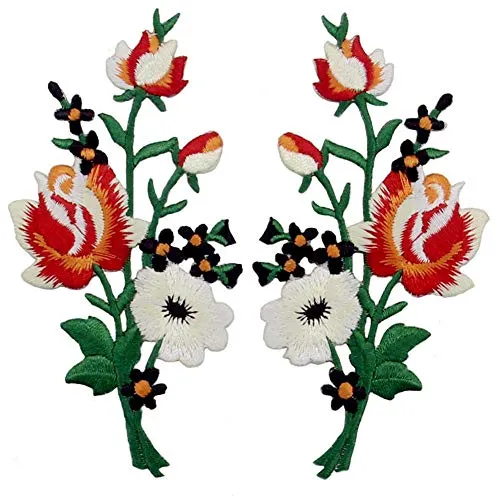Aufnäher, bestickt, Design: Retro Blumen Strauß Boho Rose, zum Aufbügeln oder Aufnähen, rot-Weiss