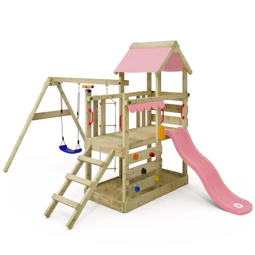 WICKEY Spielturm Klettergerüst TurboFlyer mit Schaukel & Rutsche - Outdoor-Spielplatz für Kinder: Der TurboFlyer bietet eine breite Plattform, eine Rutsche mit Wasseranschluss und eine stabile Kinderschaukel. Ideal für unvergessliche Abenteuer im eigenen Garten!