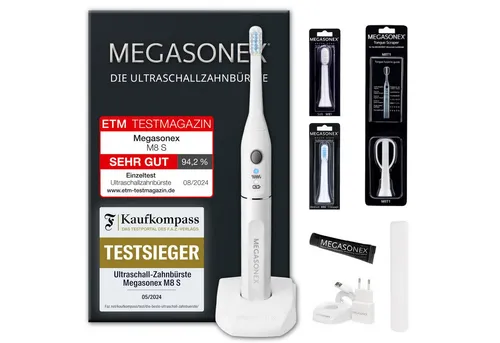 MEGASONEX M8 S Ultraschall-Zahnbürste Set - 2 Vibrations-Stufen für optimale Reinigung - Elektrische Zahnbürsten mit automatischer Abschaltung und mehreren Reinigungsmodi, ideal für eine gründliche Mundpflege. Inklusive Reiseetui und Ersatzköpfen.