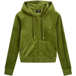Kapuzennickijacke JUICY COUTURE "ROBERTSON HOODIE GOLD _ Damen", Damen, Gr. S, grün (pesto), 95% POLYESTER, 5% ELASTAN, slim fit, Langarm, Jacken, Trainingsjacke Damen, Sweatjacke mit Kapuze, Velour, mit Glitzer, Sale