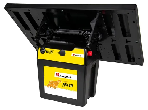 horizont 12 V Solar-Weidezaungerät ranger® AS120 mit Akku - Das Solar-Weidezaungerät für autarke Energieversorgung. Sofort einsatzbereit mit integriertem Solarmodul und optimierter Akkulaufzeit. Ideal für abgelegene Weideflächen, robust und witterungsbeständig.