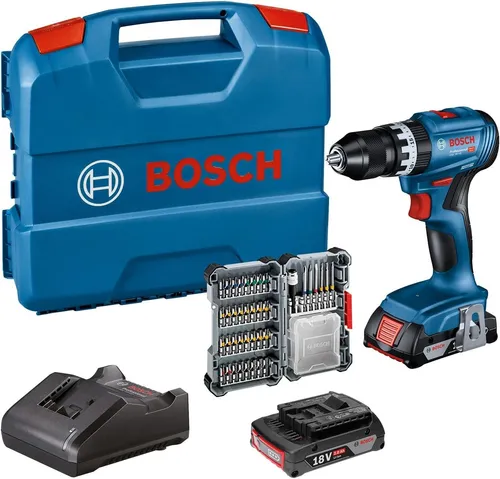 Bosch Professional 18V Akku Schlagbohrschrauber GSB 18V-45 – Amazon Exclusive - Akkuschrauber mit bürstenlosem Motor, 45 Nm Drehmoment und 1.900 min⁻¹ Drehzahl. Inklusive 2x 2.0Ah Akkus und L-Case, ideal für präzises Arbeiten.