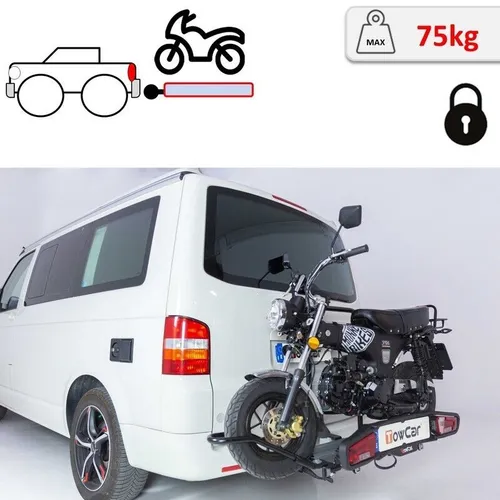 Motorradträger für Anhängerkupplung TowCar Balance - Fahrradträger mit abschließbarem Einhand-Hebelverschluss, ideal für einfache Montage und Beladung. Integrierte Leuchten und Kennzeichenhalter für maximale Sicherheit.