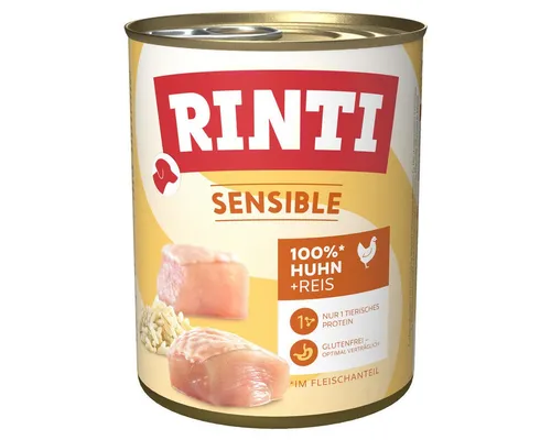 Rinti Sensible Huhn + Reis 800 g - 6 Stück für empfindliche Hunde - 6 x 800 g hochwertige Vollnahrung für empfindliche Hunde. Mit ausgewählten Proteinen aus Huhn und Reis, glutenfrei und ohne unnötige Zusatzstoffe. Optimal zur Unterstützung der Verträglichkeit.