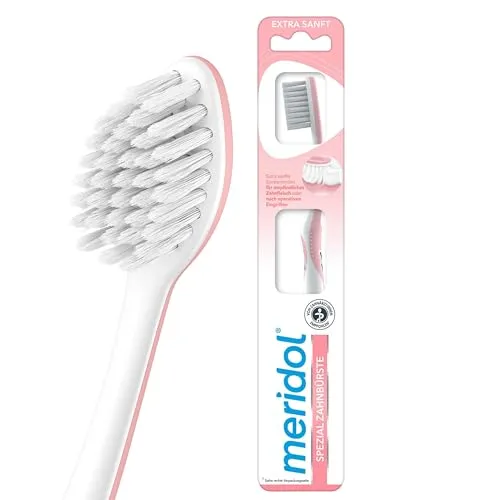 meridol Zahnbürste Zahnfleischschutz, extra sanft - 1 Stück - Extra sanfte Handzahnbürste mit mikrofeinen Borsten für schonende Plaqueentfernung. Ergonomischer Griff sorgt für komfortable Handhabung und optimalen Schutz des Zahnfleischs.