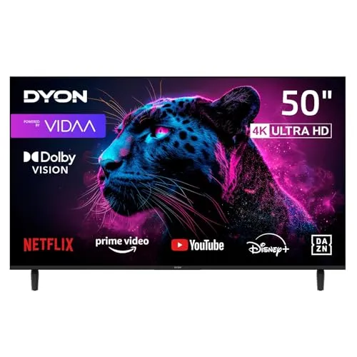 DYON Movie Smart 50 VX - 50 Zoll 4K Ultra-HD Fernseher - 50 Zoll (126 cm) Smart TV mit Triple Tuner und VIDAA OS für flüssige Bedienung. Genieße deine Lieblings-Streaming-Dienste wie Netflix und Prime Video mit nur einem Knopfdruck.