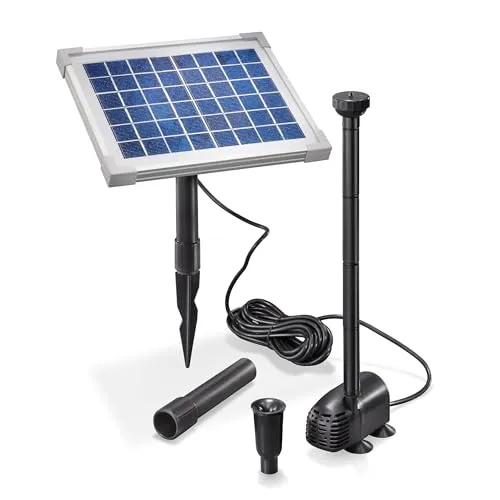 esotec Solar Pumpensystem WATERSPLASH 5/470 - Wasserpumpen für Teich und Garten, mit 2 Fontänenaufsätzen und 470 l/h Förderleistung, ideal für kleine Teiche bis 2000L. Langlebig dank Direktbetrieb mit Sonnenenergie.