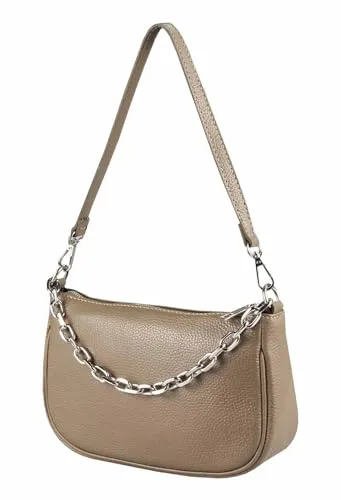 Made in Italy Damen Leder Tasche Pochette mit Kette Schultertasche Handtasche City Bag Umhängetasche Clutch Ledertasche Bodybag Schmucktasche Crossbody Cross-Over Taupe (Silber)