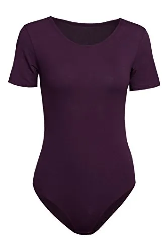Evoni Damen Body kurzarm l Stringbody aus Baumwolle mit Rundhals l Kurzarmbody für Frauen l Tanga Bodysuit l String Body XL lila