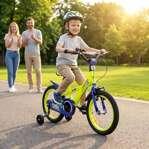 Actionbikes Kinderfahrrad Turbo 16 Zoll - Sicheres Fahrvergnügen für kleine Abenteurer - Straßenfahrrad für Kinder mit V-Brake-Bremsen, abnehmbaren Stützrädern und stoßdämpfenden Luftreifen für maximalen Komfort und Sicherheit beim Radfahren.
