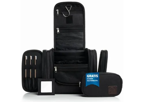 Obics Kulturbeutel XXL 8 Liter - Praktische Kosmetiktasche zum Aufhängen, Set (2-teilig) - Kulturbeutel mit 10 Fächern, wasserabweisend und schnell trocknend. Ideal für Reisen und Handgepäck, inklusive abnehmbarem Spiegel und Trolleybefestigung.
