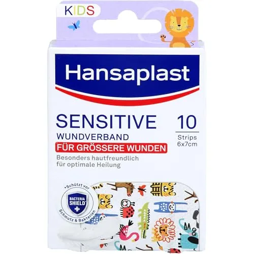 Hansaplast Sensitive Kids Wundverband (6 x 7 cm), besonders hautfreundliche Wundpflaster für mittlere bis größere oberflächliche Wunden, schmerzlos zu entfernendes Kinderpflaster