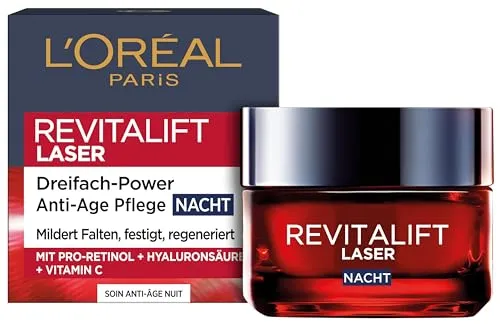 L'Oréal Paris Revitalift Laser X3 Nachtpflege 50 ml - Nachtcreme mit Dreifach-Power: Pro-Retinol, Hyaluronsäure und Vitamin C für intensive Feuchtigkeit und sichtbare Faltenreduzierung. Für einen strahlenden, jugendlichen Teint.