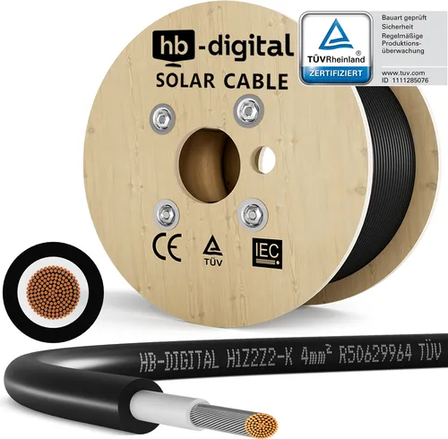 HB-DIGITAL Solarleitung H1Z2Z2-K 4mm² - Photovoltaik-Zubehör, TÜV Rheinland zertifiziertes 300m Solarkabel für maximale Effizienz bei Solaranlagen, extrem temperaturbeständig von -40 °C bis +90 °C.