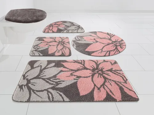 Badematte Susan, Höhe 15 mm, fußbodenheizungsgeeignet, strapazierfähig, Polyester, rund, Blumen-Muster, Badteppich, Badematten auch als 3 teiliges Set & rund, rosa/grau