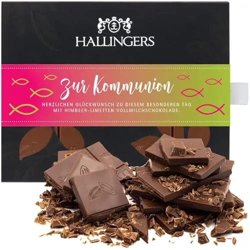 Hallingers Zur Kommunion - Vollmilch Edel-Schokolade mit Himbeere & Limette - handmade, alkoholfrei (Box) - Muttertagsgeschenk & Geschenkideen zum Vatertag | Geburtstag Glückwunsch Jahrestag Neues Zuh