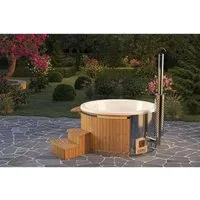 FinnTherm Whirlpool Badefass Stockholm, Anthrazitgrau - Entspannung für 6 Personen - Aufstellpool, rundes Holz-Waldbad für 6 Personen, ideal für Outdoor-Entspannung in stilvollem Anthrazitgrau.