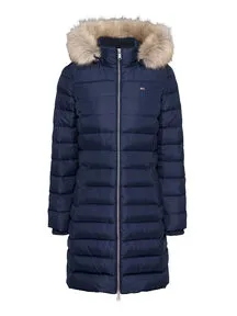 Tommy Jeans Damen Daunenmantel Essential Hooded Down Coat - Blau (Dark Night Navy), M, ikonisch zeitlos mit abnehmbarer Kapuze und Kunstpelz, perfekt für kalte Wintertage