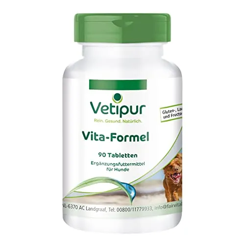 Vetipur Vita-Formel - 90 Tabletten - Rundumversorgung mit Ginseng, Teufelskralle, Ingwer, Mariendistel, Löwenzahn, Brennnessel, Weissdorn und Gingko Biloba - Futterergänzung für Hunde