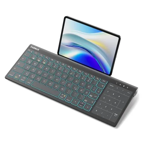 Inateck 2-IN-1 Tablet Tastatur mit Touchpad - Tastaturen für iPadOS, Android und Windows, vereint Ziffernblock & Touchpad für effizientes Arbeiten. Mit 2600mAh Akku bis zu 6 Monate nutzbar und stabiler Ständer für unterwegs.