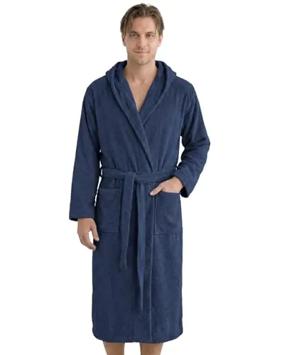 Laynenburg Herrenbademantel mit Kapuze aus 100% Baumwolle - Bequemer Herrenbademantel in Blau, Waden-lang, ideal für Spa und Sauna. Mit Gürtel und praktischen aufgesetzten Taschen. Hochwertiger Frottee für besten Komfort.