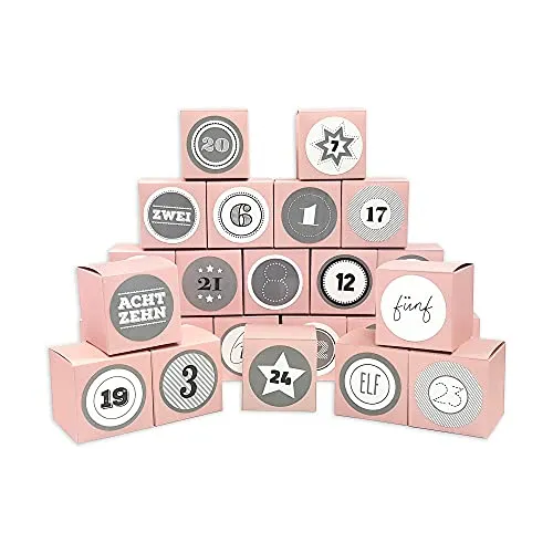 Frau WUNDERVoll® DIY Adventskalender Vorfreude zum Befüllen, 24 Faltschachteln rosa 7(L) x7(B) x7(H) cm (gefaltet), XL Ziffern grau/Weihnachten, Aufkleber, Würfelbox, Faltverpackung, Schachteln