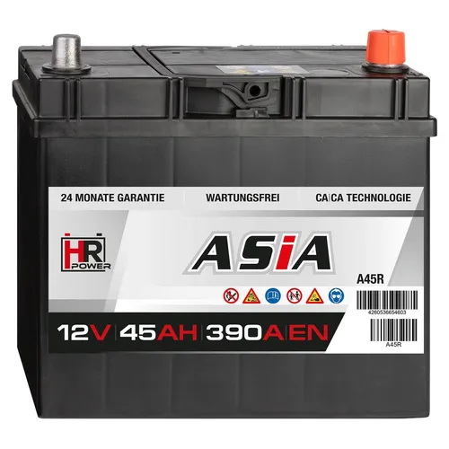 HR HiPower ASIA 12V 45Ah Autobatterie - Hochleistungs-Starterbatterie mit 390A Kaltstartstrom, ideal für PKWs aus Japan und Asien. Maße: 238 x 129 x 225 mm, pluspol rechts.