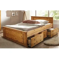 Home affaire Massivholzbett Hugo, hohe Belastbarkeit & FSC® zertifiziertes Holz - Betten im Landhausstil aus massivem Kiefernholz, belastbar bis 200 kg, ideal für gemütliche Schlafzimmer mit zusätzlichem Stauraum.