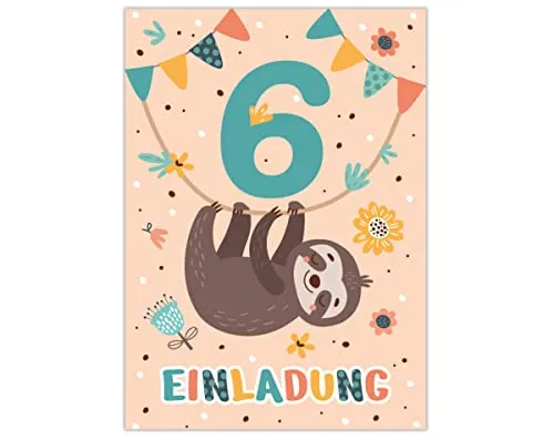 Einladungskarten zum 6. Kindergeburtstag Einladung zum sechsten Geburtstag Mädchen Jungen Faultier 12