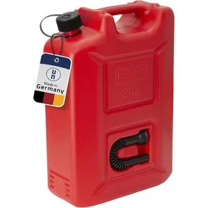 Hünersdorff Benzinkanister Profi 802060, 20 Liter, rot - Robuster 20-Liter-Kraftstoffkanister aus bruchsicherem Kunststoff. Ideal für den sicheren Transport von Benzin und Diesel. Mit integriertem Auslaufrohr und kindersicherem Verschluss, platzsparend stapelbar.