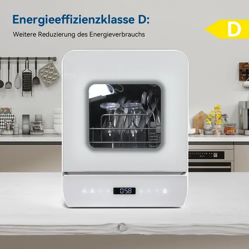 Puluomis Mini Geschirrspüler 4.8L - Kompakter Tischgeschirrspüler für 3-4 Personen, ideal für kleine Wohnungen. Mit 5 Waschmodi und 360° Sprüharm für gründliche Reinigung und Trocknung.
