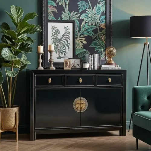 OPIUM OUTLET Chinesische Kommode - Asiatisches Vintage Sideboard - Kommode im Vintage-Stil, sofort gebrauchsfertig und komplett montiert; verziert mit Messingbeschlägen und großem Stauraum.