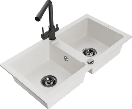 Mexen Mario 2-Becken-Granitspüle mit Mischbatterie Duero, Weiß - 6504-20-671600-70